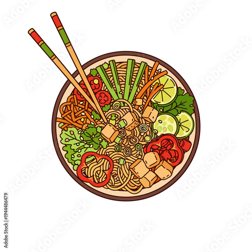 Vibrant bowl of noodles with tofu and fresh vegetables, a healthy and delicious meal