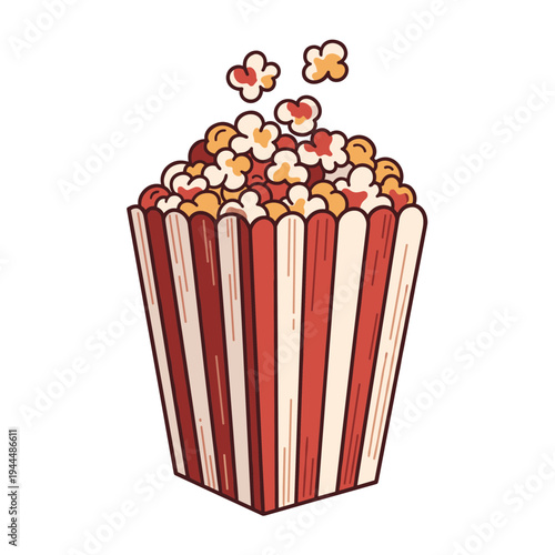 Classic red and white striped popcorn box overflowing with kernels and popping out