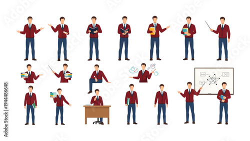 Educator's Ensemble: An illustration showcasing an educator in various poses, from presenting ideas to offering guidance. A visual celebration of knowledge transfer and intellectual inspiration.