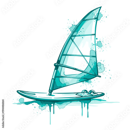 Stylized windsurf board and sail with turquoise watercolor splashes and drips