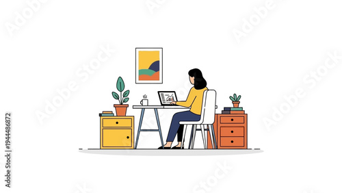 Woman Working on Laptop at Desk.