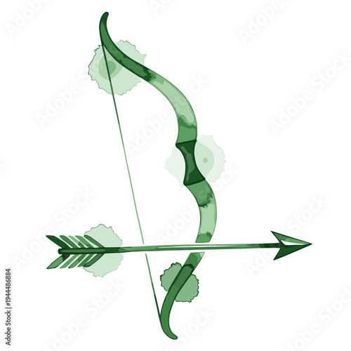 Green bamboo bow and arrow with watercolor texture, isolated on white background
