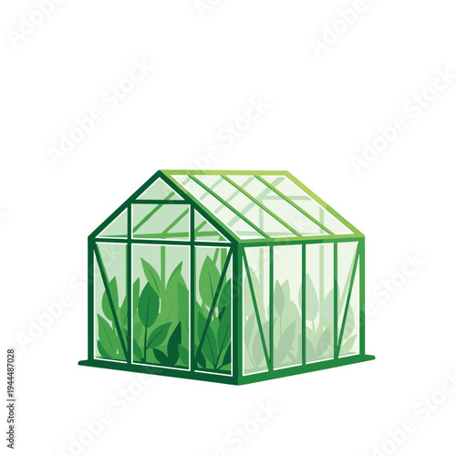 Greenhouse structure with lush green plants growing inside, isolated on white background