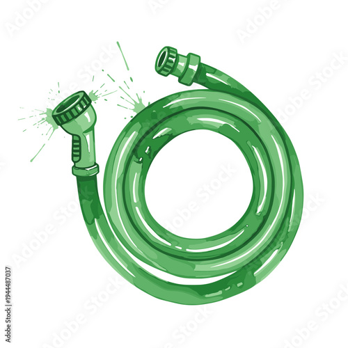 Green garden hose with water spray and nozzle, isolated on white background