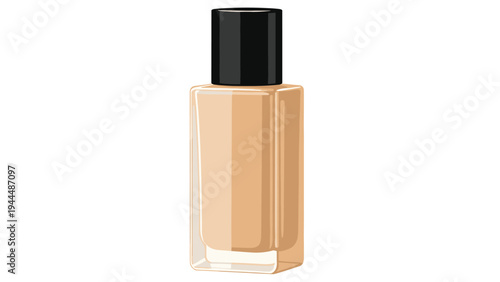 Transparent glass bottle of liquid foundation with a black cap showcasing the tan shade of the cosmetic product on white.