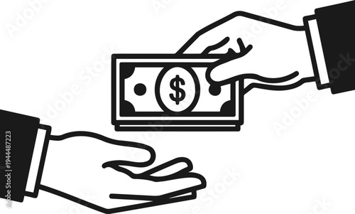 Line Art Illustration of Hand Giving Cash Banknotes to Another Hand Representing Transaction and Payment