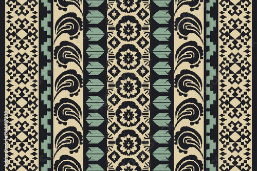 Vertical Ikat Stripe Pattern Seamless Ethnic Paisley and Floral Border Design.Boho Tribal Stripe Background.Geometric Textile Art.Seamless Paisley and Chevron Decorative Motif.Moroccan Style Border.