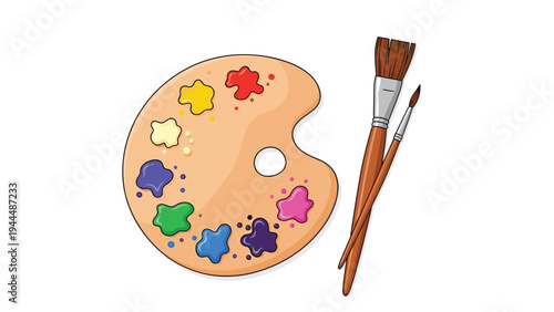 Artist wooden paint palette with a vibrant spectrum of colors and two professional paintbrushes ready for creativity.