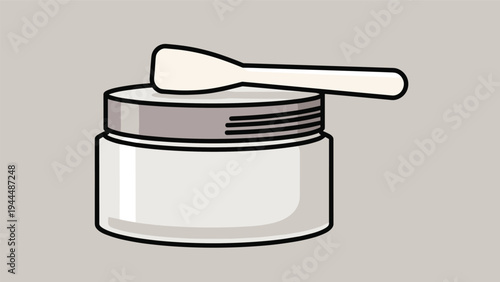 White cosmetic jar with a silver lid and a white spatula for applying skincare products or creams shown in a clean design.