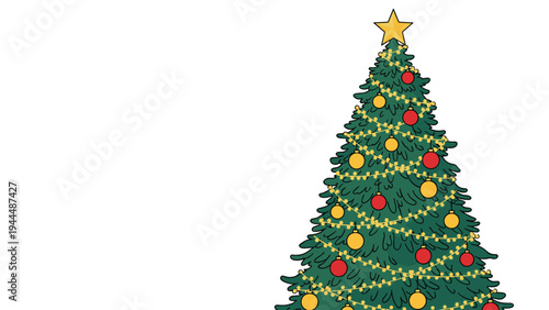 Vibrant green Christmas tree decorated with red and yellow ornaments, a light string, and a golden star on its peak against white.