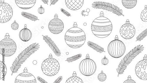 Festive pattern of line-drawn Christmas ornaments, pine branches, and small circles, perfect for holiday-themed coloring pages.