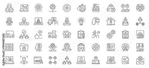 Crm icons set: editable line icons for customer management, outline interface tools