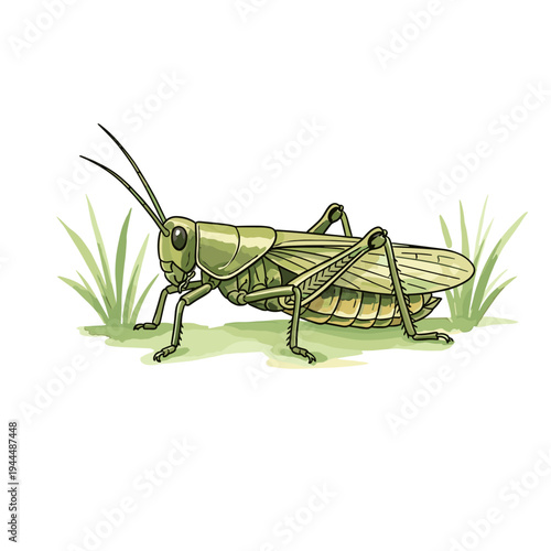 Detailed illustration of a green grasshopper resting on grass with white background