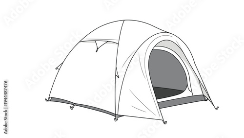Simple line drawing of a modern dome-shaped camping tent with its entrance open, perfect for themes of outdoor adventure and travel.