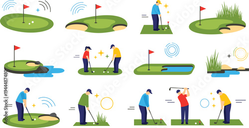 Vector Set of Professional Golf Players in Action Including Putting Swinging and Golf Course Landscapes Isolated on White Background