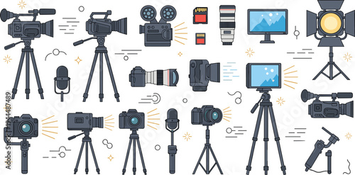 Vector Set of Professional Photography and Videography Equipment Including Cameras Tripods Microphones and Studio Lights Isolated on White