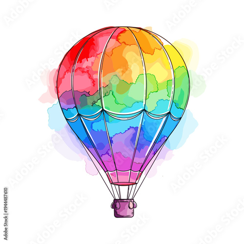 Colorful hot air balloon with rainbow watercolor splashes and outline