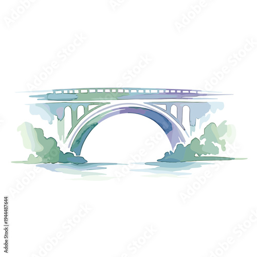Watercolor illustration of a modern arch bridge spanning over calm water with lush greenery