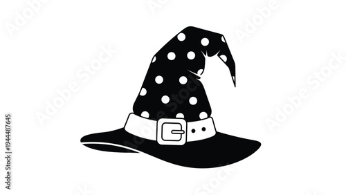 Black and white illustration of a pointed witch hat with white polka dots and a buckled band, great for halloween themed decorations.