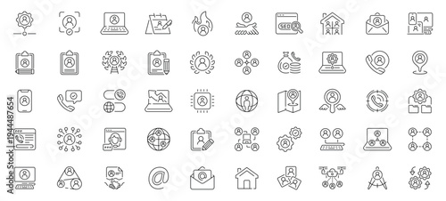 Client management icons set. editable line icons, outline, crm, business tools
