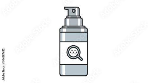 Gray pump bottle for skincare or serum featuring a magnifying glass icon on the label to emphasize skin treatment results.