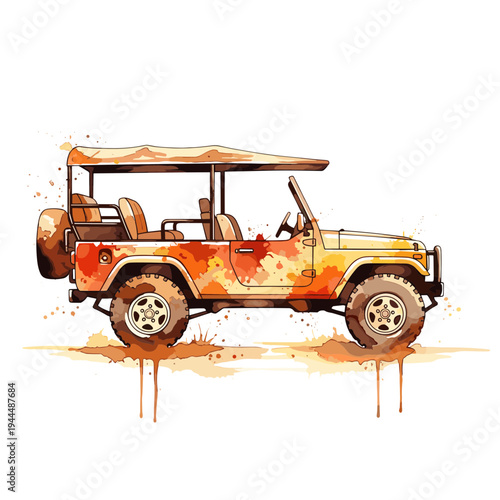 Watercolor safari jeep with open top and spare tire, artistic splash effect