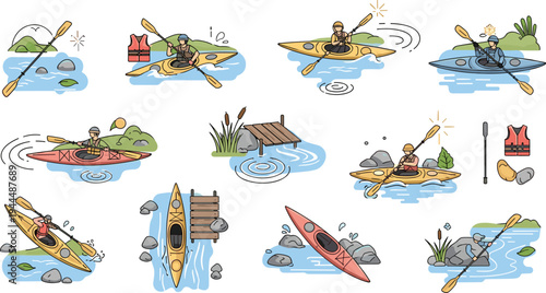 Vector Set of People Kayaking in River and Lake Including Kayaks Paddles Life Jackets and Nature Scenery Isolated on White Background
