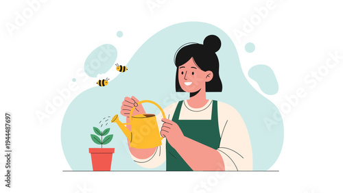 Happy woman wearing an apron and watering a small potted plant with a yellow watering can while bees fly around in a bright scene.