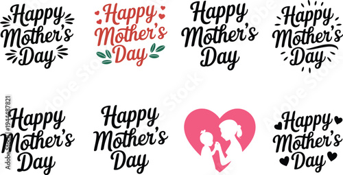 Collection of happy mothers day lettering designs with hearts flowers and trophies on transparent background