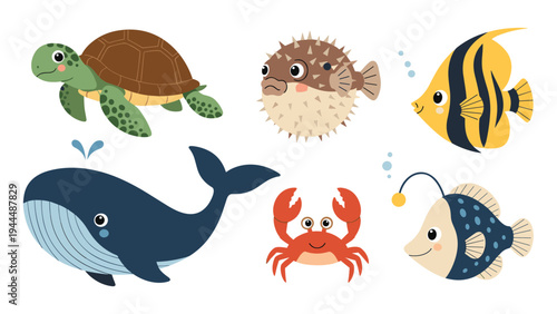 Set of six cute cartoon sea creatures including a whale, turtle, crab, pufferfish, and deep sea anglerfish for children's learning.
