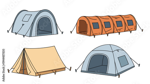 Collection of four different camping tents including dome, tunnel, and traditional ridge styles in various colors like blue and orange.