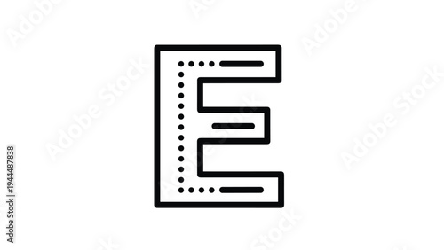 Simple black and white line art illustration of the capital letter E with internal dashed lines and solid horizontal bars.