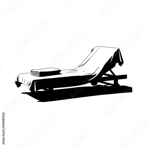 Black and white illustration of a covered chaise lounge with a folded towel on a white background