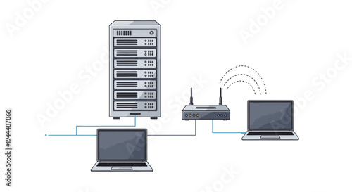 Networked computer server with laptops and wireless router, illustrating data transfer and connectivity