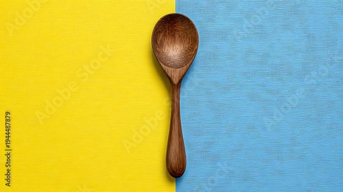 Wooden spoon centered on a split background of bright yellow and light blue, top view