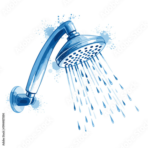 Modern blue shower head with water splashing and droplets falling in a watercolor style