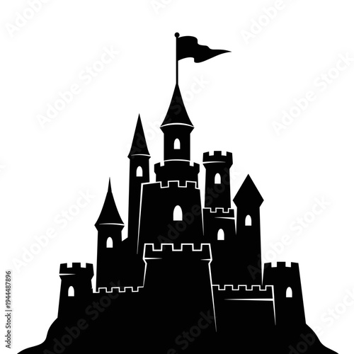 Majestic black silhouette of a fairytale castle with multiple towers and a flag