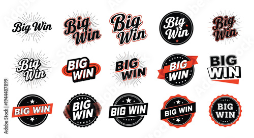 Big win badge design collection featuring celebratory labels, promotional graphics, gaming icons, achievement highlights, success branding, flat vector illustration