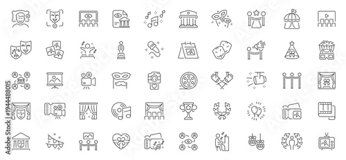 Theatre icons set: editable line icons in outline style, drama and performance symbols