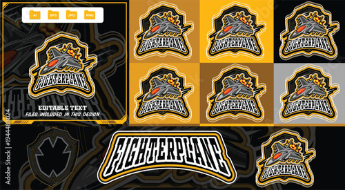 Fighter plane mascot with bold shield e-sports sports logo template. Jet and glowing orange flames, editable modern vector illustration concept style for badge, emblem.