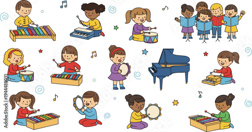 Vector Set of Cute Children Playing Musical Instruments and Singing in a Choir Isolated on White for Music Education and School Activity