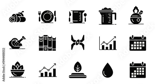 Black and white icon collection featuring cooking tools, data analytics, eco-friendly symbols, scheduling graphics, organizational elements, flat vector illustration