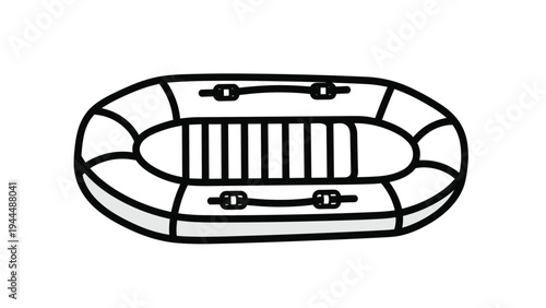 Simple black and white line art illustration of an inflatable raft or boat with internal ribbing and side ropes for safety.