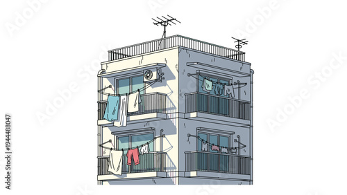 Detailed illustration of a multi story apartment building with balconies and clothes hanging out to dry under the summer sun.