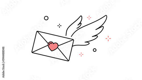 Romantic illustration of a white envelope with a red heart and white wings flying through the air among stars and red crosses.