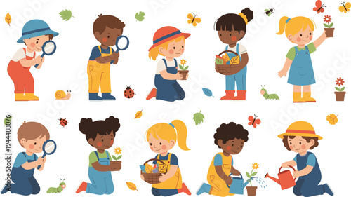 Tableau sur toile Vector Set of Cute Children Exploring Nature and Gardening Including Watering Pl