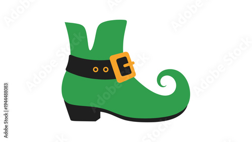 Vibrant green leprechaun boot with a black band, gold buckle, and curved toe for Saint Patrick's Day themed celebrations.