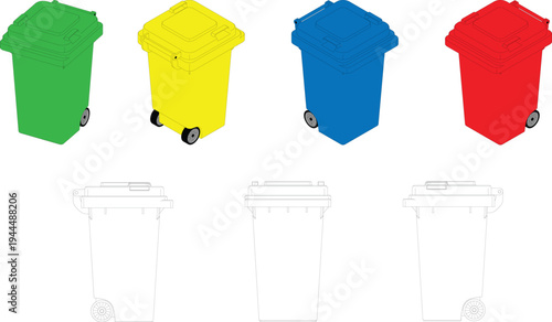Vector illustration of colored wheeled bins (green, yellow, blue, red) and outline versions. Ideal for recycling, waste management, and environmental projects. Simple flat design for infographics and 