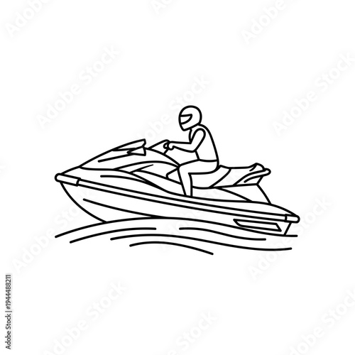 Line art illustration of a person riding a jet ski on the water