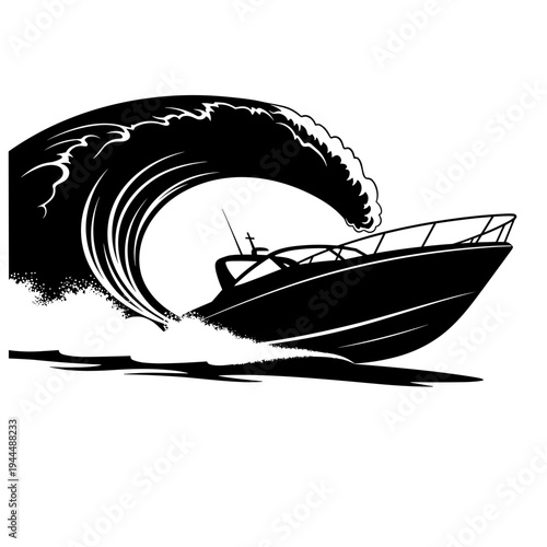 Sleek motorboat navigates a large, stylized wave in a dynamic black and white graphic